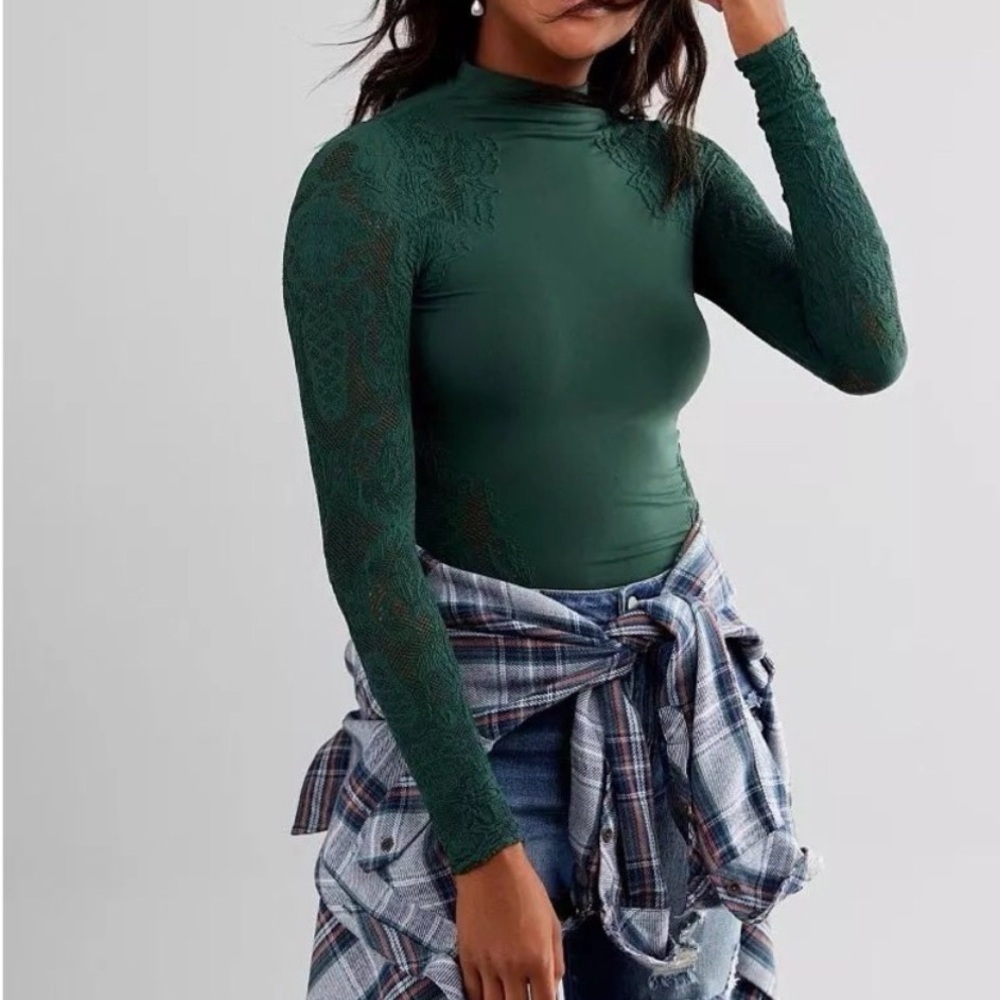 Free People Intimately FP Lace Mock Neck Long Sleeve Top — Sage Green